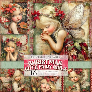 Jolies filles de fée de Noël, image imprimable 16 JPG Scrapbooking Junk Journal carte postale découpage aquarelle Shabby Chic Clipart téléchargement immédiat