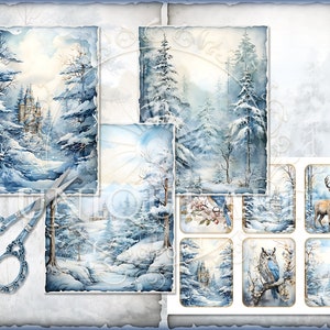 Winter Forest Landscape, Watercolor Printable Junk Journal Pages, 23 ...