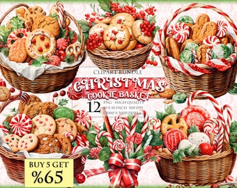 Panier de biscuits de Noël, canne en bonbon, pain d'épice, lot de cliparts aquarelle sur le thème de la pâtisserie, imprimable HQ, format PNG, téléchargement immédiat.