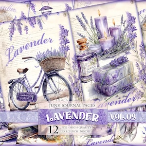 Lavender Vol.02 Páginas de diário de aquarela, álbum de recortes - 12 arquivos JPG - 8,2 x 11 polegadas, cartão postal digital de decoupage para impressão Download instantâneo.