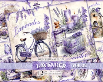 Lavender Vol.02 Watercolor Junk Journal Pages, Scrapbook - 12 JPG file - 8.2X11 inch, printable digital decoupage postcard Instant download.
