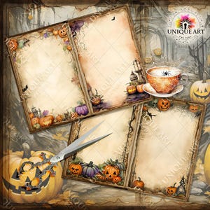 Puede incluir: Cuatro p&aacute;ginas de diario imprimibles con tem&aacute;tica de Halloween con una est&eacute;tica vintage. Cada p&aacute;gina presenta un dise&ntilde;o diferente con calabazas, linternas y otros elementos espeluznantes. Las p&aacute;ginas son perfectas para el diario, el scrapbooking o la artesan&iacute;a.