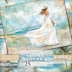 Grunge Ocean Views Vol.01, paysage marin, image imprimable HQ 25 JPG, aquarelle Junk Journal Folio Pages Scrapbook Ephemera Téléchargement immédiat