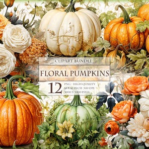 Floral Pumpkins, Printable 12 PNG image, Watercolor Clipart, Junk Journal Scrapbook Fussy Cut Sticker, instant download.