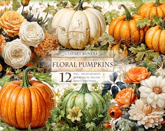 Floral Pumpkins, Printable 12 PNG image, Watercolor Clipart, Junk Journal Scrapbook Fussy Cut Sticker, instant download.