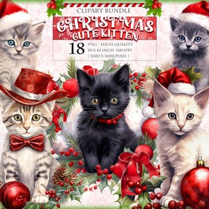Weihnachten süßes Kätzchen, Katzen, bedruckbares 18 PNG Bild, Aquarell Clipart, Fussy Cuts Aufkleber transparente Sublimation, sofortiger Download