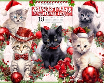 Christmas Cute Kitten, Cats, Printable 18 PNG image, Watercolor Clipart, Fussy Cuts Sticker transparent sublimation, instant download
