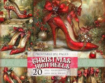 Christmas High Heels, Printable 20 JPG image Scrapbook Junk Journal Postcard Decoupage Watercolor Shabby Chic Clipart Instant download