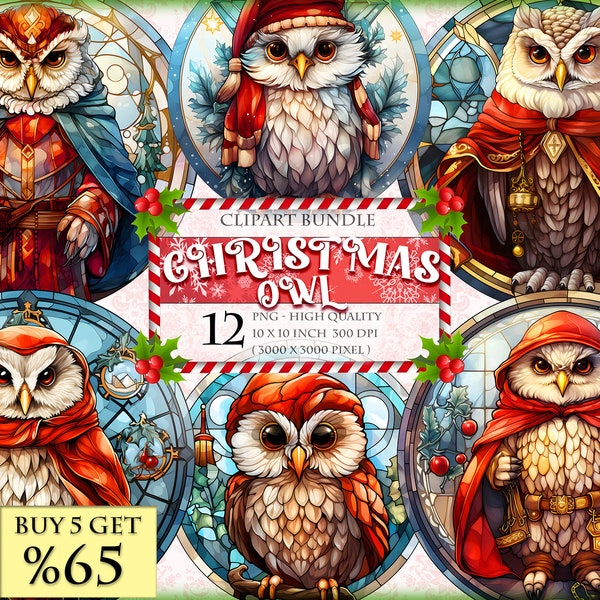 Christmas - Stained Glass Owl, Watercolor Clipart Bundle, HQ Printable, PNG format, instant download