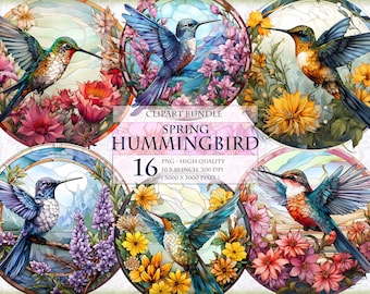 Spring Hummingbird, Floral Stained Glass, Watercolor Clipart Bundle - HQ Printable 16 PNG file, instant download.