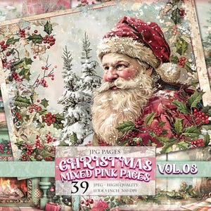 Pages roses mixtes Vol.03, Noël nostalgique, image imprimable, 39 JPG, carte postale de découpage pour scrapbooking, téléchargement immédiat.