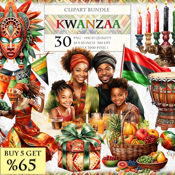 Kwanzaa, Celebración de la herencia afroamericana, Paquete de imágenes prediseñadas de acuarela - Descarga instantánea en formato PNG imprimible HQ