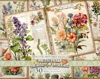 Könnte beinhalten: Ein digitaler Druck-Satz mit 30 Seiten, die Illustrationen von Heilkräutern und Blumen zeigen. Die Seiten sind im Vintage-Stil mit Text und botanischen Illustrationen gestaltet. Die Seiten sind 21,6 x 27,9 cm groß und haben eine Auflösung von 300 DPI.