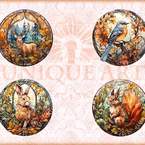 May include: Four round stained glass panels with autumnal themes. Each panel features a different animal: a deer, a bird, a rabbit, and a squirrel. The panels are surrounded by a decorative border.