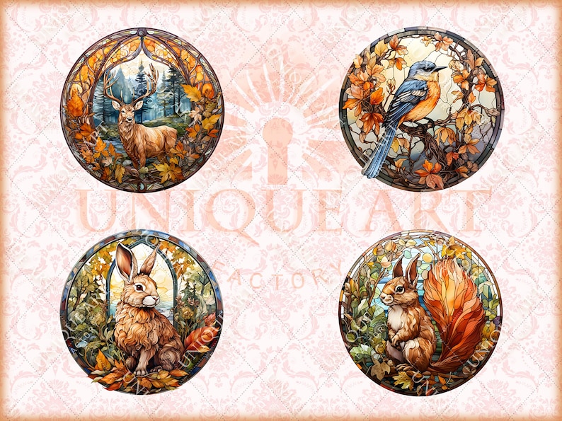 May include: Four round stained glass panels with autumnal themes. Each panel features a different animal: a deer, a bird, a rabbit, and a squirrel. The panels are surrounded by a decorative border.
