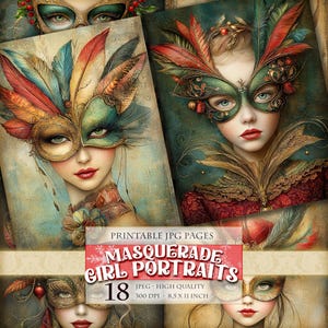 Portraits de fille mascarade, 18 images HQ JPG imprimables pour sublimation de sublimation de carte postale de scrapbooking éphémère, téléchargement immédiat.