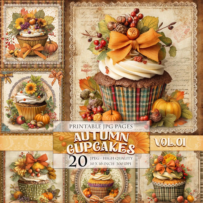 May include: A collage of autumn-themed cupcakes with decorative elements. The cupcakes are adorned with frosting, fall foliage, and pumpkins. The text "Autumn Cupcakes" and "Vol. 01" are visible.