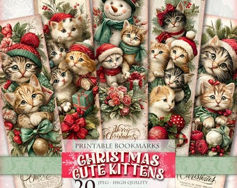 May include: A collection of Christmas-themed printable bookmarks featuring adorable kittens. The kittens are dressed in festive attire, including Santa hats and scarves, surrounded by holiday decorations. The text "Christmas Cute Kittens" is displayed on a banner.