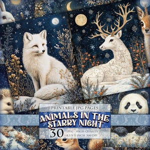 Animaux dans la nuit étoilée, image imprimable 30 JPG, clipart aquarelle, page de journal indésirable, scrapbooking, carte postale de découpage, téléchargement immédiat.