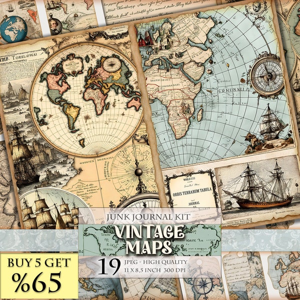 Vintage Maps, Watercolor Junk Journal Kit, Printable Double Pages 19 JPG - 11X8.5 inch , Instant download, Digital collage sheet