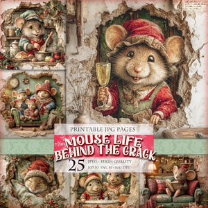 Könnte beinhalten: Ein digitaler Kunstdruck mit Illustrationen von Mäusen im Vintage-Stil. Die Mäuse werden in verschiedenen Szenen gezeigt, wie Kochen und Entspannen. Der Text "MOUSE LIFE BEHIND THE CRACK" ist zu sehen. Größe: 25,4 x 25,4 cm.