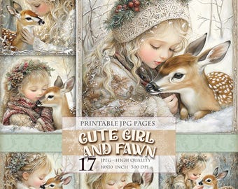 Cute Girl and Fawn, Winter Landscape, Printable 17 HQ JPG images, Scrapbook Journal Ephemera Postcard Wall Art Painting, Instant download.