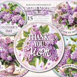 Cliparts redondos lilases para o dia das mães, enfeites para presente, 15 PNG para impressão, imagem de placa de guirlandas para pendurar na porta, itens efêmeros para scrapbook, download instantâneo.