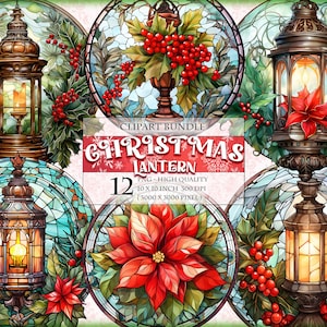 Weihnachts-Glasmalerei-Laterne, Kerzenbild, Aquarell-Clipart-Bundle, 12 lobende PNG, runde Türverzierung, sofortiger Download.