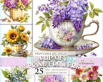 Cup Of Spring Flowers Vol.01, Watercolor Teacups Clipart, Card Making Digital Download