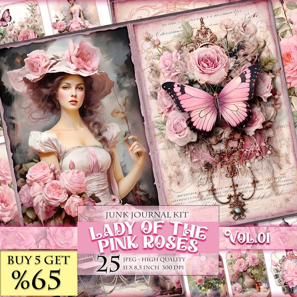 Lady Of The Pink Roses, Romantic Women, Watercolor Junk Journal Kit, 25 JPG - 11X8.5 inch, Instant download, Printable Digital collage sheet