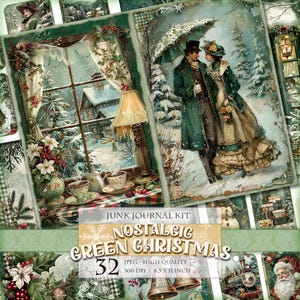 Nostalgische Grüne Weihnacht, Printable Junk Journal Kit, Digital Pages, Tags, Labels, ATC, 32 JPG 11 x 8,5 inch Bilder Sofortiger Download.