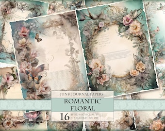 Romantic Floral - Junk Journal Pages - 16 pcs JPG file - 8.2X11 inch - Instant download and printable - Digital collage sheet