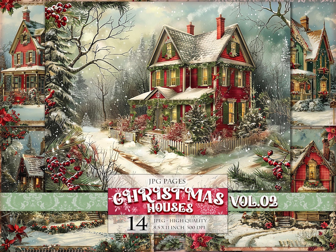 Christmas Vintage Houses Vol.02, Printable 14 JPG, Scrapbook Pages Junk ...