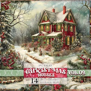 Casas vintage navideñas Vol.02, 14 archivos JPG imprimibles, páginas de álbum de recortes, diario basura, collage digital, postales, decoupage, descarga instantánea.