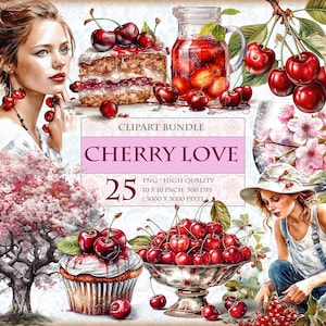 Cherry Love, pakiet clipartów akwarelowych o tematyce wiśniowej, 25 przezroczystych albumów sublimacyjnych w formacie PNG do druku w wysokiej rozdzielczości, pamiętnik śmieciowy, natychmiastowe pobieranie.