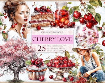 Cherry Love Clipart Bundle, Blossom and Fruit Themed Printable 25 PNG image (Digital Download)