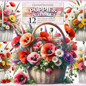 Papoulas na cesta, pacote de clipart em aquarela de flores de papoula, 12 imagens para impressão em alta qualidade, formato PNG transparente, download instantâneo.