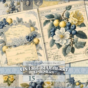 Vintage Blueberry Ephemera, akwarelowe strony dziennika Floral Junk, 15 JPG - 11X8,5 cala, natychmiastowe pobranie, wydrukowany cyfrowy arkusz kolażu