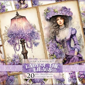 Lady Of The Lilacs, Kit de diario basura floral en acuarela, 20 JPG - 11 x 8,5 pulgadas, Descarga instantánea e imprimible, Hoja de collage digital