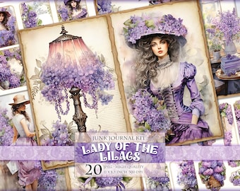 Lady Of The Lilacs, Watercolor Floral Junk Journal Kit, 20 JPG - 11X8.5 inch, Instant download and printable, Digital collage sheet
