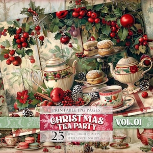 Fête du thé vintage de Noël Vol.01, feuille de collage numérique, pages de scrapbooking imprimable Journal indésirable, carte postale faisant le découpage Téléchargement instantané.
