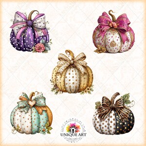 May include: An assortment of decorative pumpkins with polka dots, bows, and floral accents. The pumpkins are in various colors, including purple, gold, teal, and black, and are embellished with decorative bows and floral accents. The Unique Art Factory logo is at the bottom.