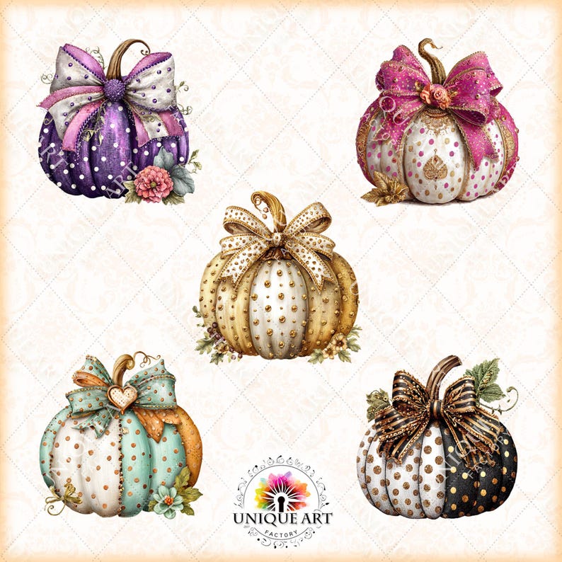 May include: An assortment of decorative pumpkins with polka dots, bows, and floral accents. The pumpkins are in various colors, including purple, gold, teal, and black, and are embellished with decorative bows and floral accents. The Unique Art Factory logo is at the bottom.
