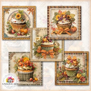 May include: A collage of five vintage-style cupcake illustrations. Each cupcake is decorated with autumn-themed elements like pumpkins, sunflowers, and berries. The cupcakes are set against a backdrop of decorative frames with plaid and floral patterns. The text "UNIQUE ART FACTORY" is visible.