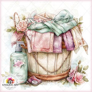 May include: Watercolor illustration of a wooden laundry basket overflowing with pastel-colored linens and towels. A clear bottle of soap with a floral design and a small container sit beside the basket. Pink roses and greenery add a decorative touch.
