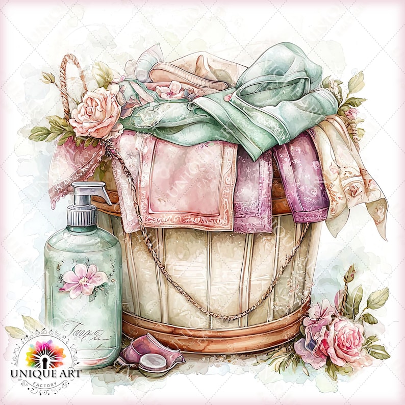 May include: Watercolor illustration of a wooden laundry basket overflowing with pastel-colored linens and towels. A clear bottle of soap with a floral design and a small container sit beside the basket. Pink roses and greenery add a decorative touch.