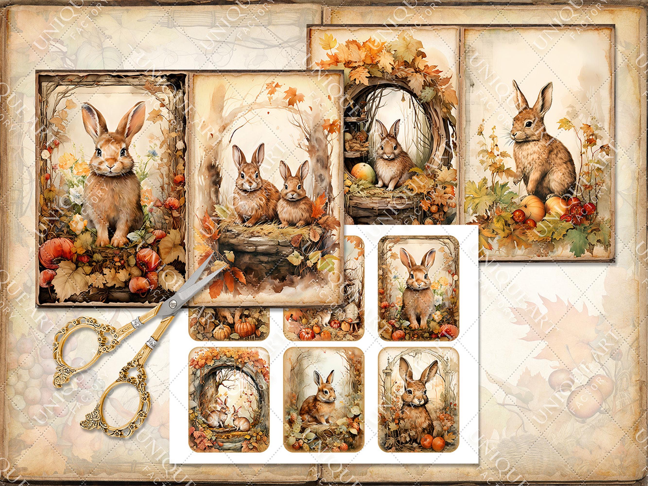 秋のウサギ、秋のウサギの水彩ジャンクジャーナルキット、18 JPG - 8.5