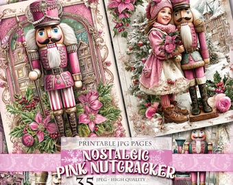 Nostalgic Pink Nutcracker, Christmas Landscapes, Printable 35 JPG image page, vintage journal ephemera postcard decoupage, instant download.