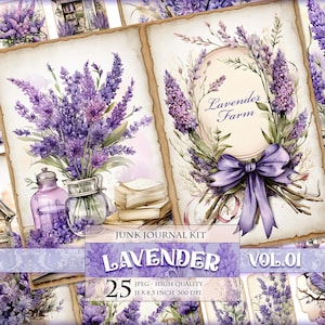 Kit diario di carta igienica floreale con acquerello Lavender Vol.01, 25 JPG - 11X8,5 pollici, download immediato e stampabile, foglio di collage digitale