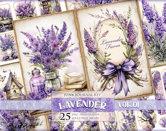 May include: A digital junk journal kit with 25 images featuring lavender flowers, jars, books, a birdhouse, and a bird. The kit is titled "Lavender Vol. 01" and includes high-quality images that are 11x8.5 inches and 300 DPI.